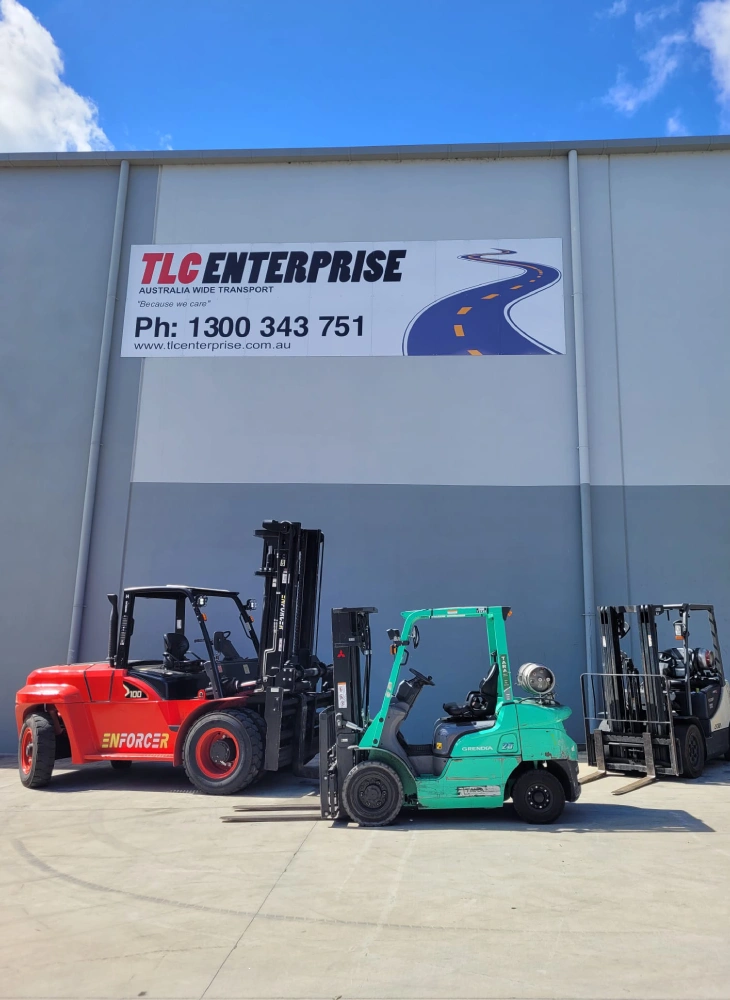 Forklifts parked outside TLC Enterprise transport and logistics warehouse in Australia