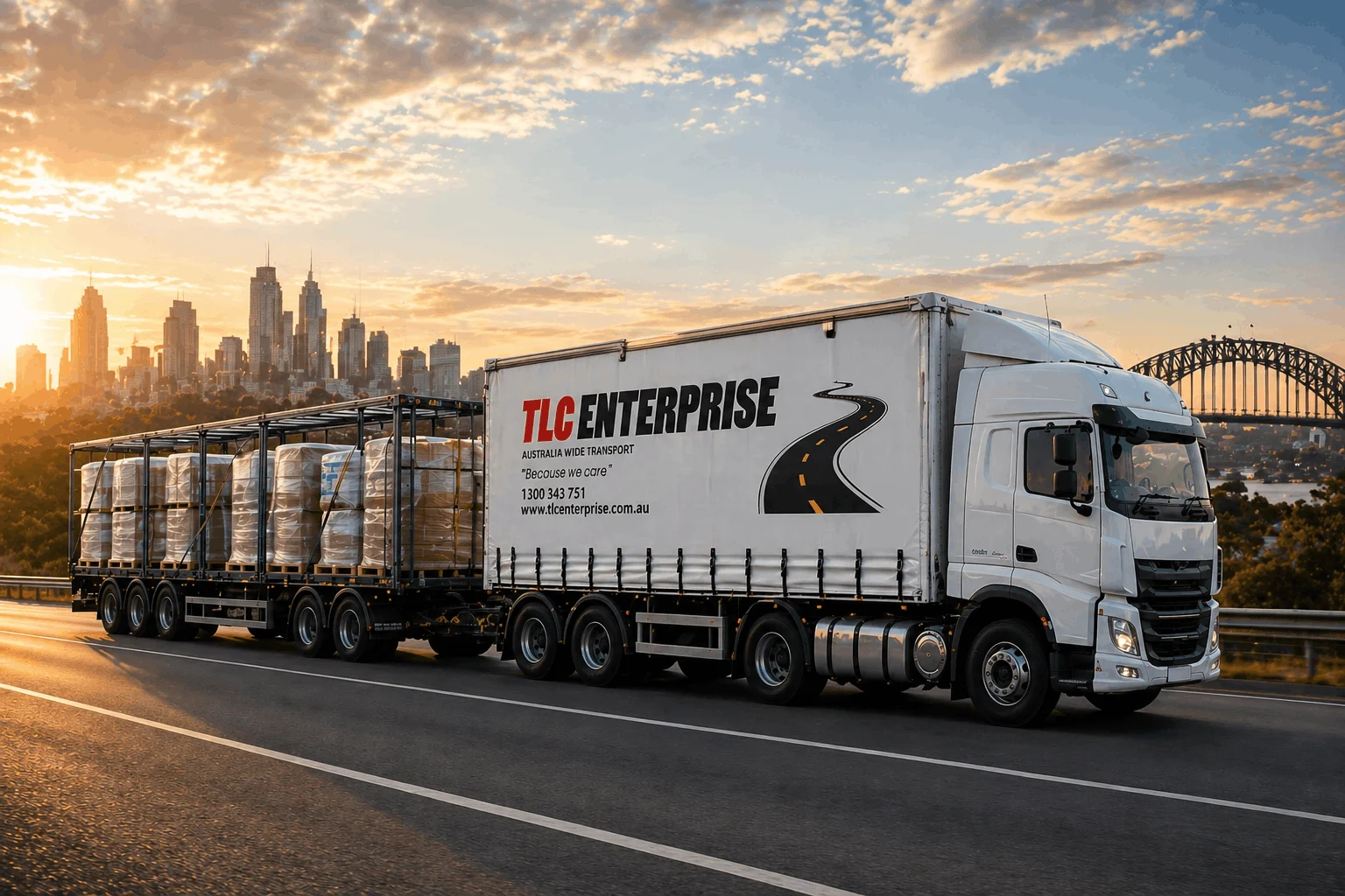 TLC Enterprise transport truck delivering freight across Australia on a highway with secure cargo load