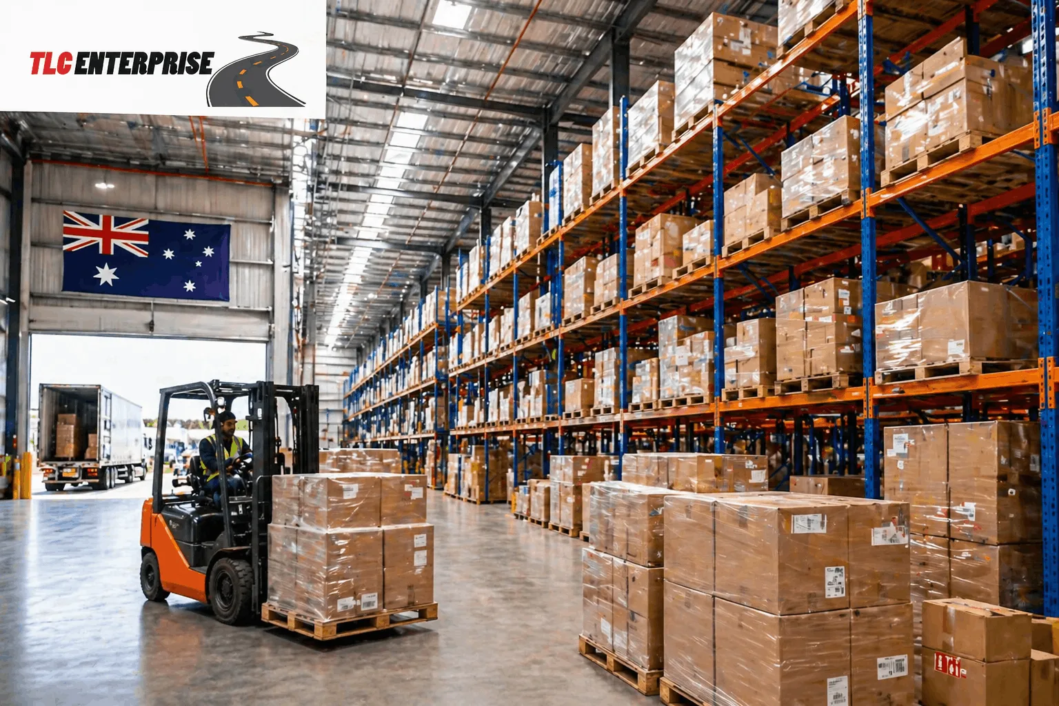 TLC Enterprise warehousing facility in Australia with forklift handling palletised inventory storage