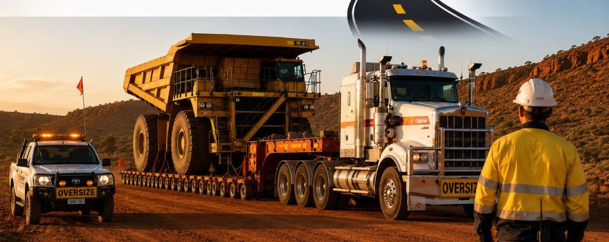 TLC Enterprise heavy haul trucking service transporting oversized mining dump truck on lowboy trailer through desert construction site at sunset