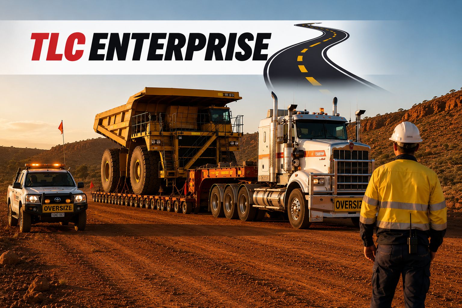 TLC Enterprise heavy haul trucking service transporting oversized mining dump truck on lowboy trailer through desert construction site at sunset