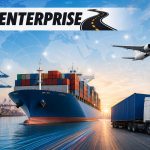 TLC Enterprise global freight logistics featuring container ship, cargo truck, air freight airplane, coastal shipping port, and worldwide transportation network
