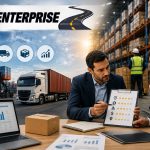 3PL logistics warehouse with freight transport, supply chain operations, and business professionals reviewing distribution services